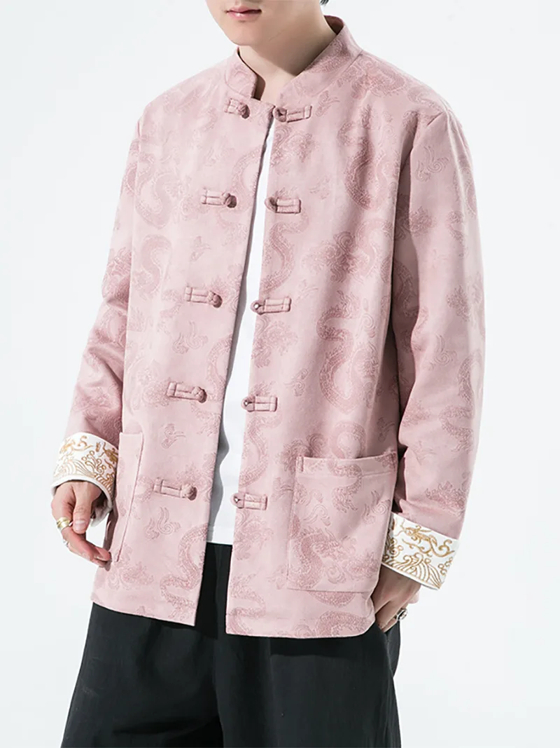 Velvet Tang suit for men with traditional frog buttons and loose-fit design, perfect for autumn and winter wear with a modern Chinese fashion touch.
