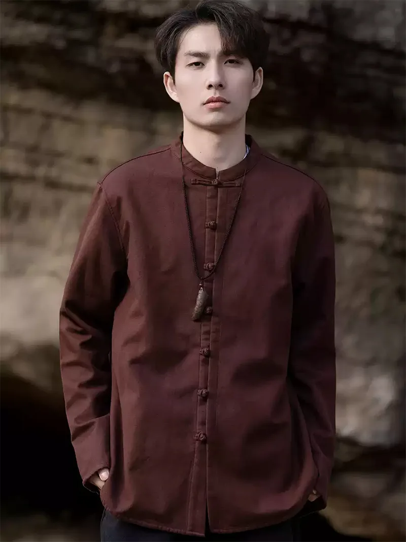 Tang suit Chinese men’s winter jacket with stand collar and fleece lining in solid color design