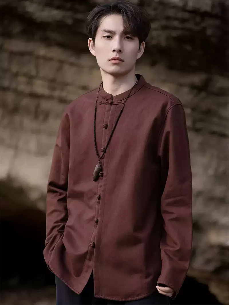 Tang suit Chinese men’s winter jacket with stand collar and fleece lining in solid color design