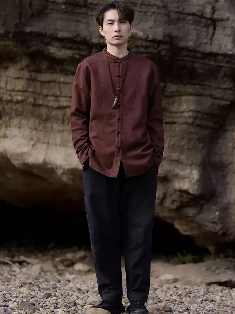 Tang suit Chinese men’s winter jacket with stand collar and fleece lining in solid color design