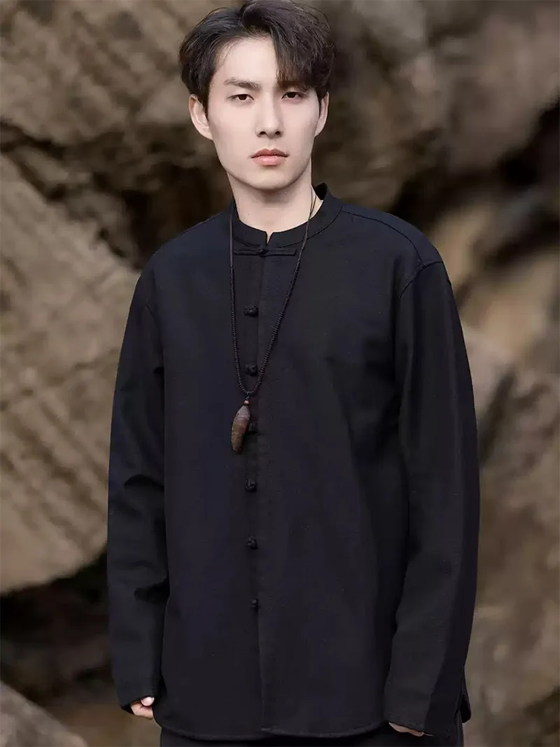 Tang suit Chinese men’s winter jacket with stand collar and fleece lining in solid color design