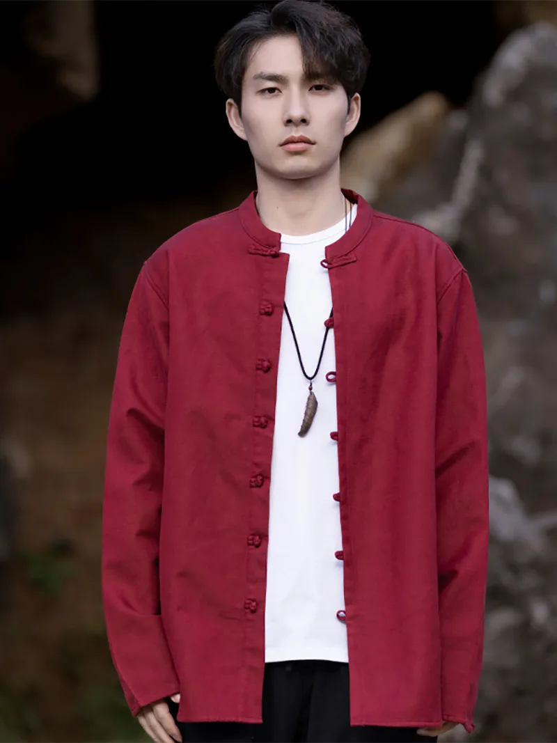 Tang suit Chinese men’s winter jacket with stand collar and fleece lining in solid color design