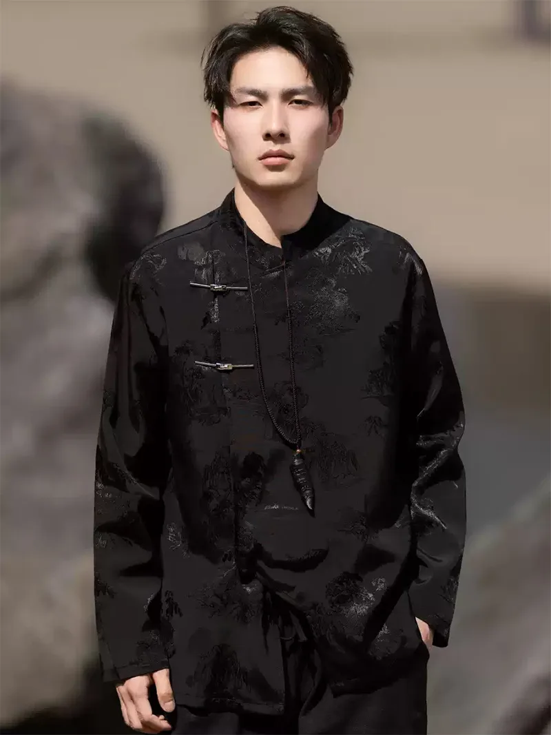 Tang suit jacket for men, modern Chinese style frog button long-sleeve loose jacket