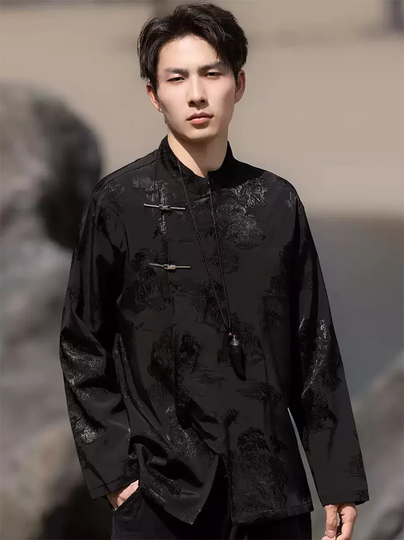 Tang suit jacket for men, modern Chinese style frog button long-sleeve loose jacket