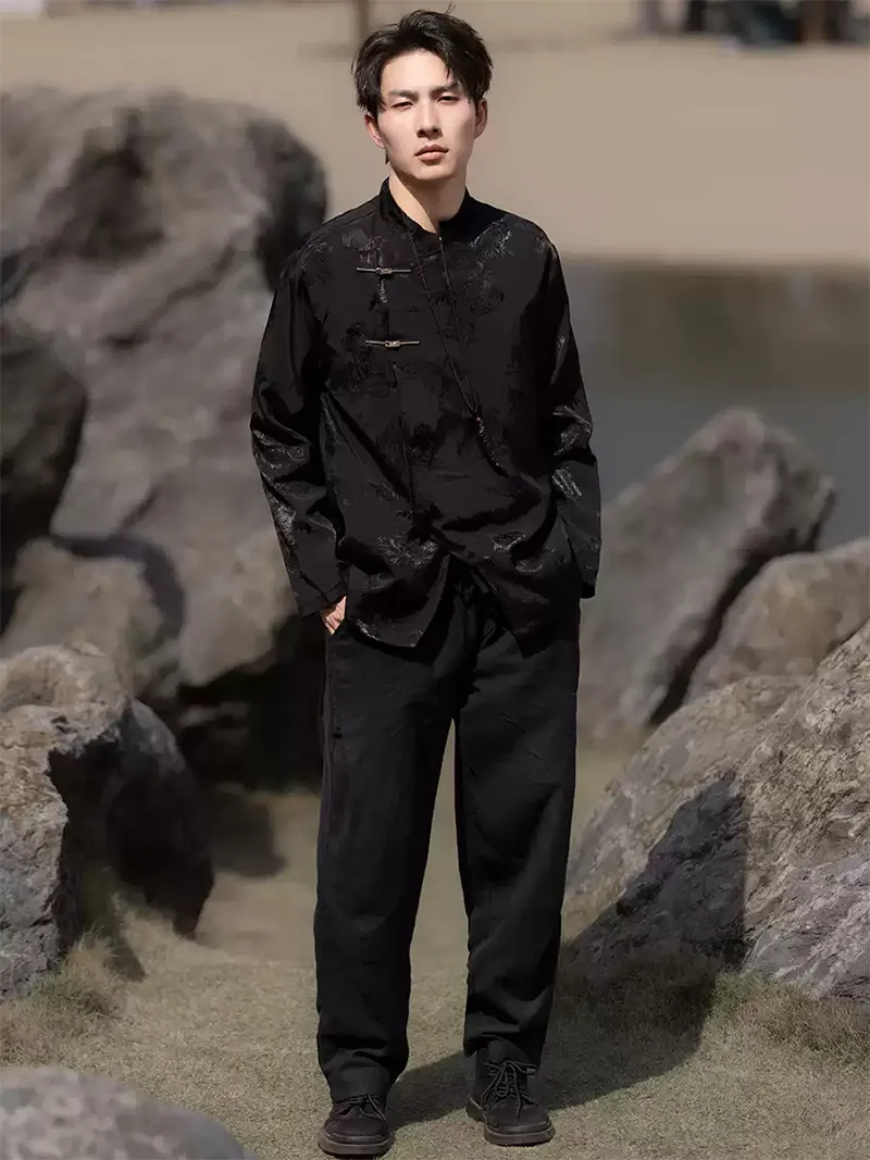 Tang suit jacket for men, modern Chinese style frog button long-sleeve loose jacket