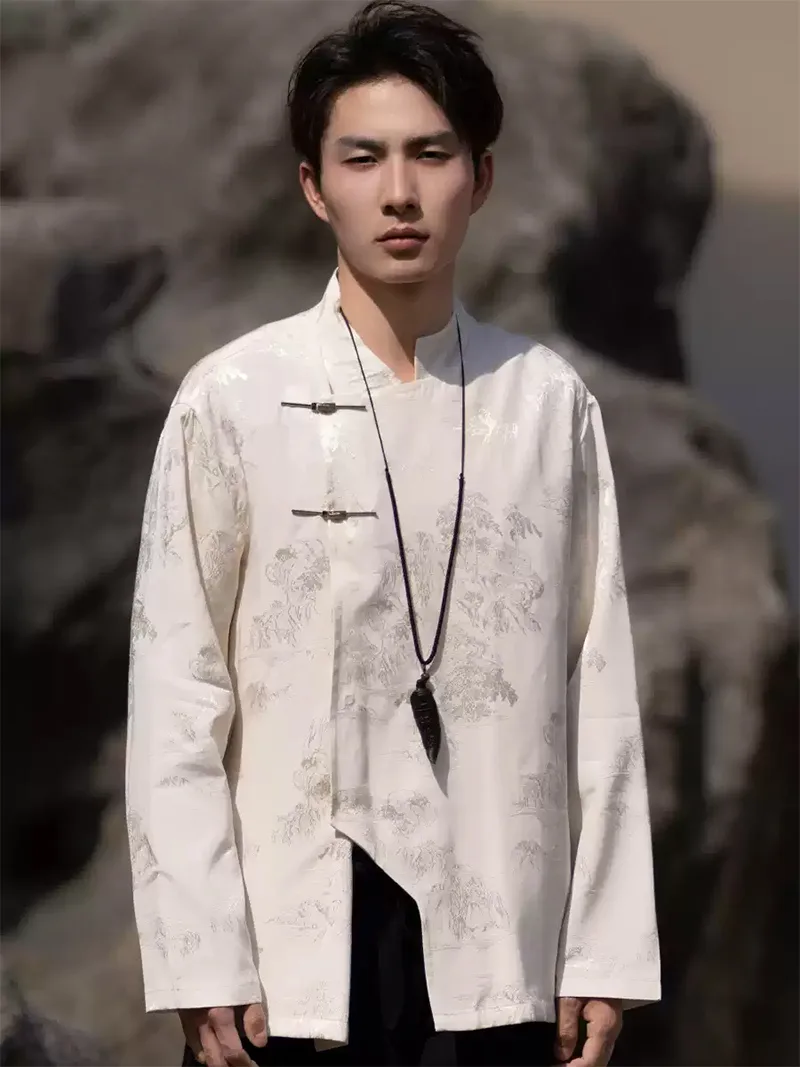 Tang suit jacket for men, modern Chinese style frog button long-sleeve loose jacket