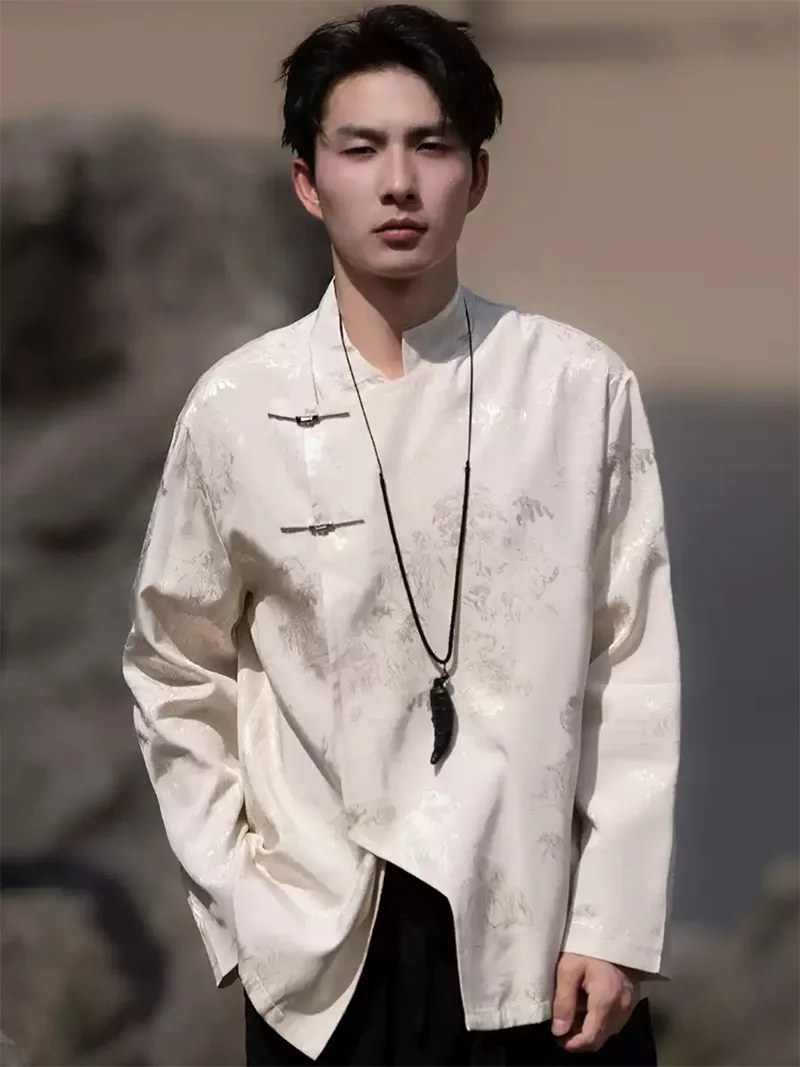 Tang suit jacket for men, modern Chinese style frog button long-sleeve loose jacket