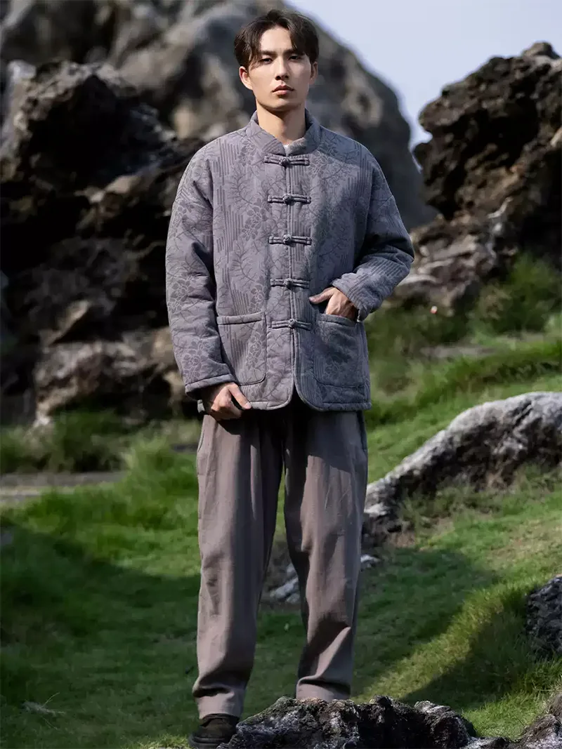 Tang suit men online, vintage Chinese winter cotton jacket with mandarin collar and frog buttons