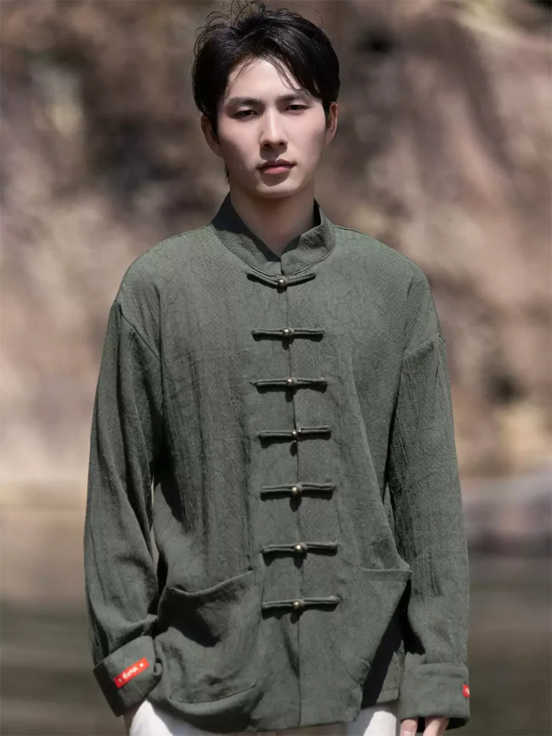 Tang suit shirt for men, long sleeve cotton linen Chinese-style mandarin collar shirt with metal buttons