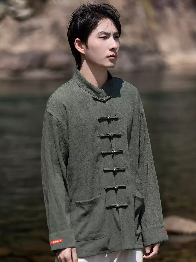 Tang suit shirt for men, long sleeve cotton linen Chinese-style mandarin collar shirt with metal buttons