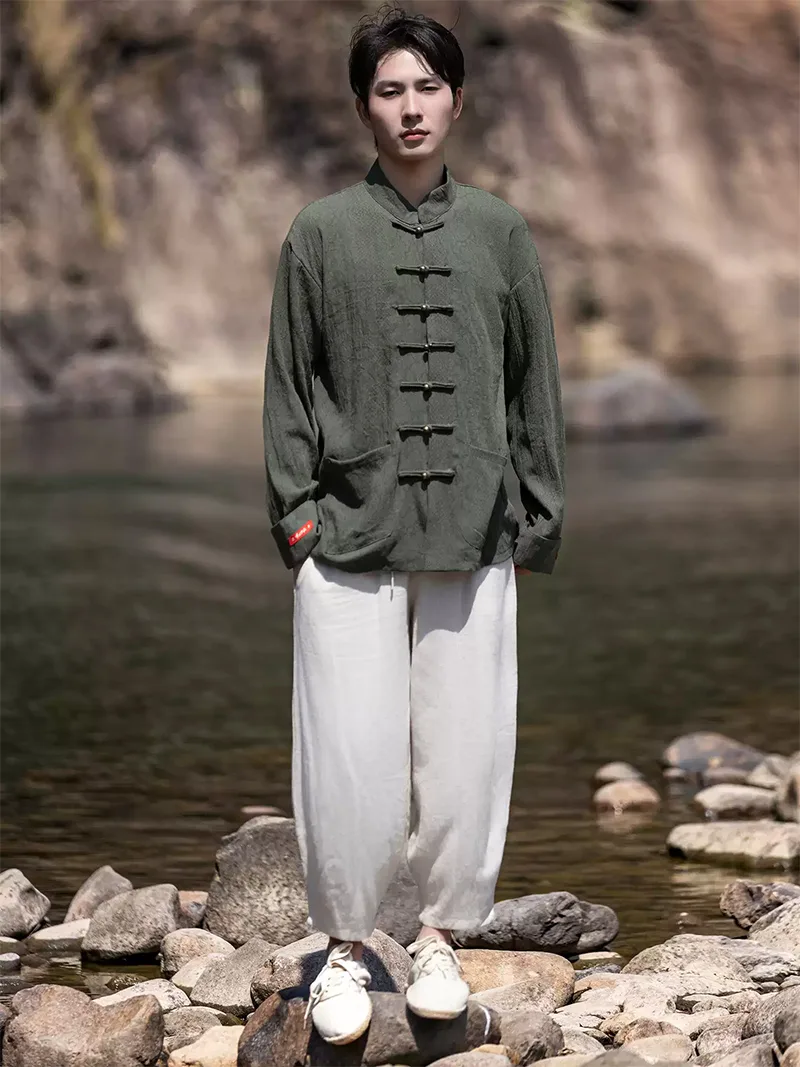Tang suit shirt for men, long sleeve cotton linen Chinese-style mandarin collar shirt with metal buttons