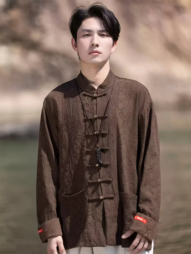 Tang suit shirt for men, long sleeve cotton linen Chinese-style mandarin collar shirt with metal buttons