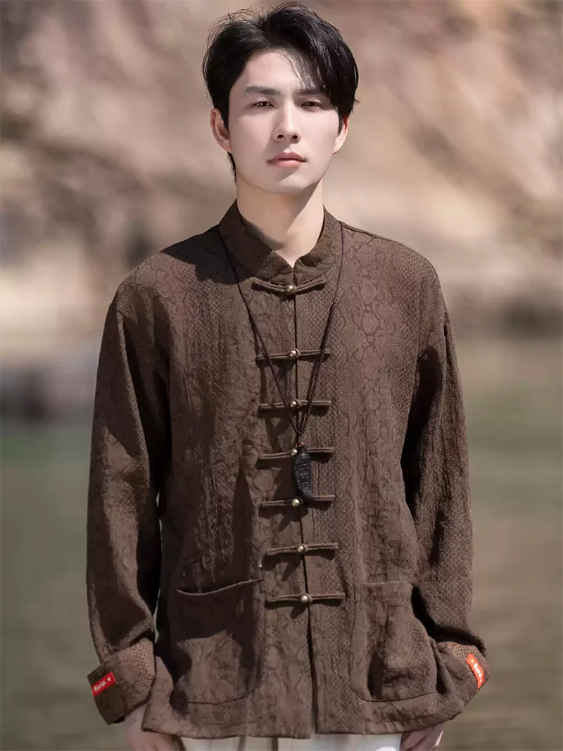 Tang suit shirt for men, long sleeve cotton linen Chinese-style mandarin collar shirt with metal buttons