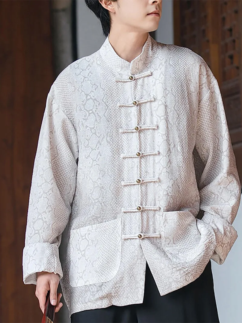 Tang suit shirt for men, long sleeve cotton linen Chinese-style mandarin collar shirt with metal buttons