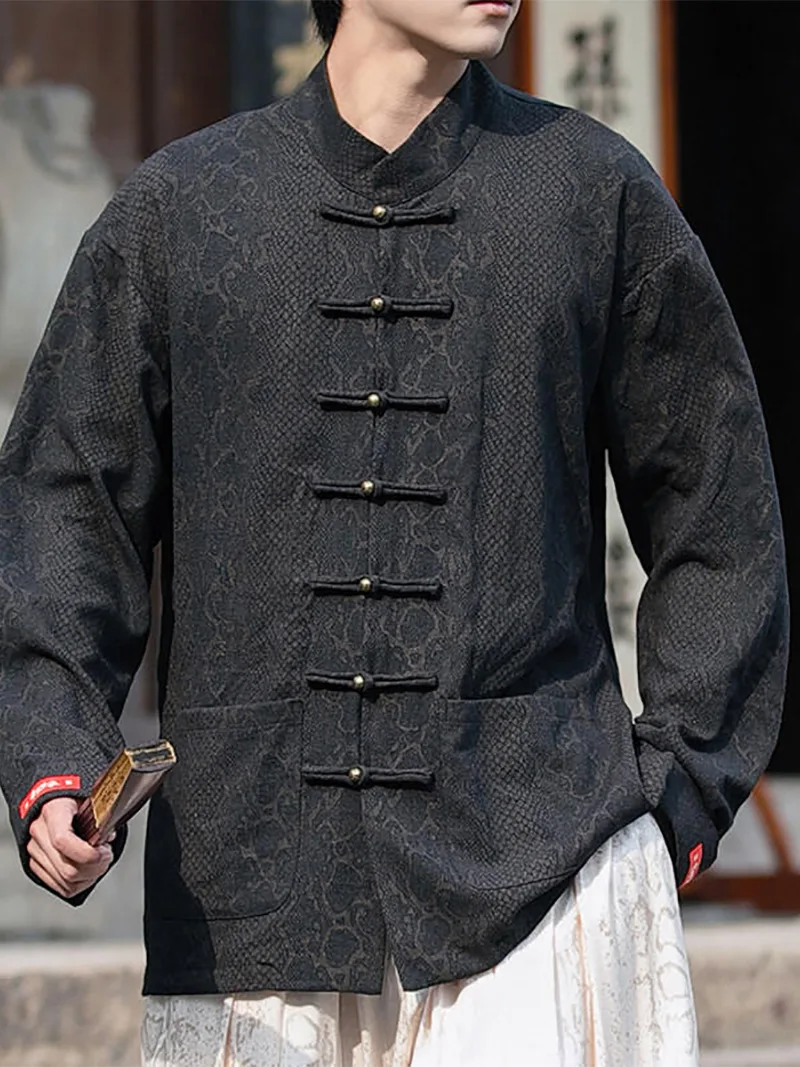 Tang suit shirt for men, long sleeve cotton linen Chinese-style mandarin collar shirt with metal buttons