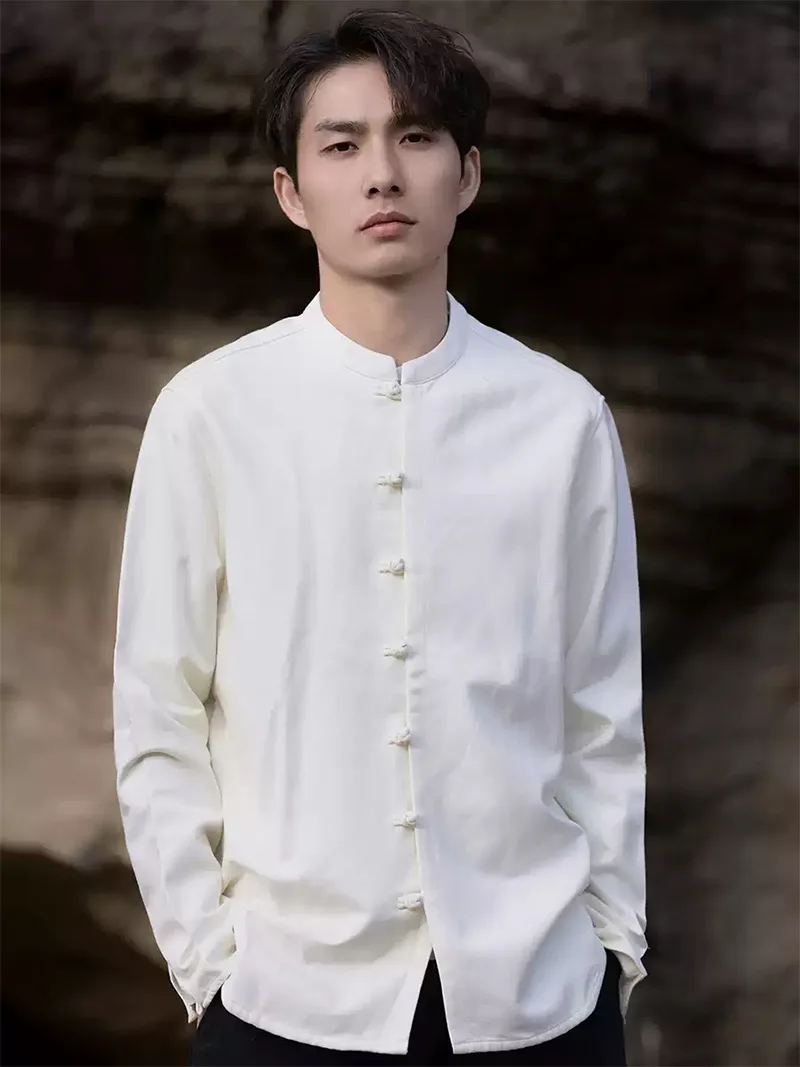 The Tang suit, solid color linen Mandarin collar shirt, retro Chinese long-sleeve Tang suit for men