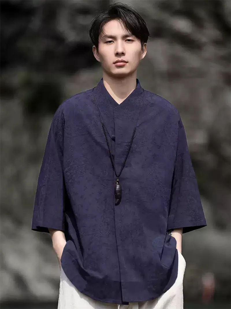 Traditional Chinese Tang suit for men, linen cotton short sleeve mandarin collar shirt with vintage design
