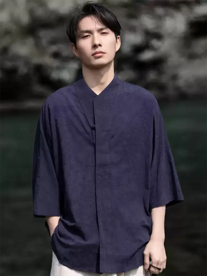 Traditional Chinese Tang suit for men, linen cotton short sleeve mandarin collar shirt with vintage design