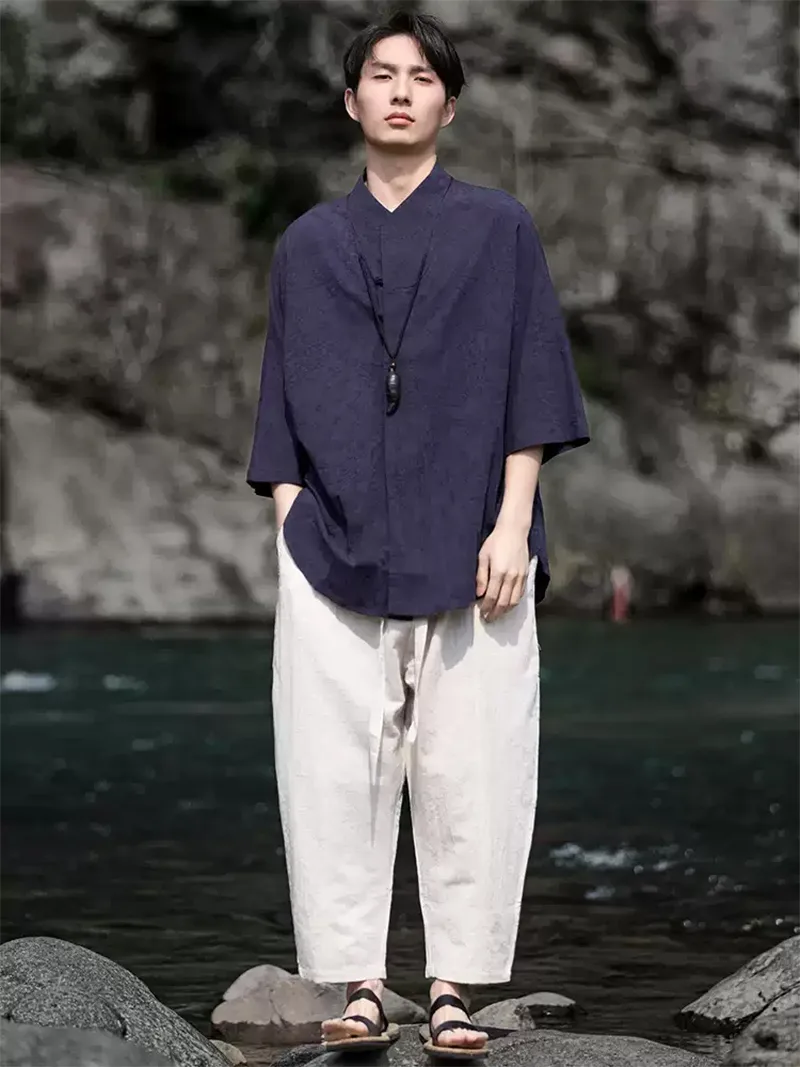 Traditional Chinese Tang suit for men, linen cotton short sleeve mandarin collar shirt with vintage design