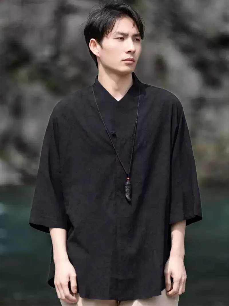 Traditional Chinese Tang suit for men, linen cotton short sleeve mandarin collar shirt with vintage design