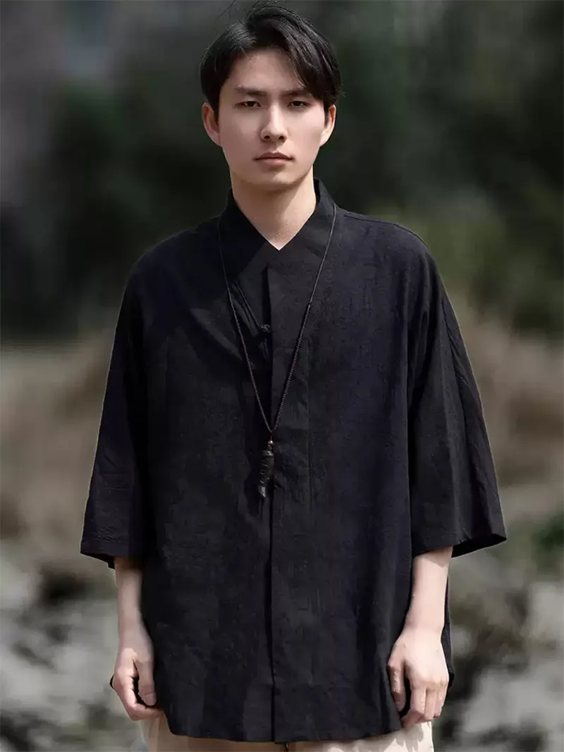 Traditional Chinese Tang suit for men, linen cotton short sleeve mandarin collar shirt with vintage design