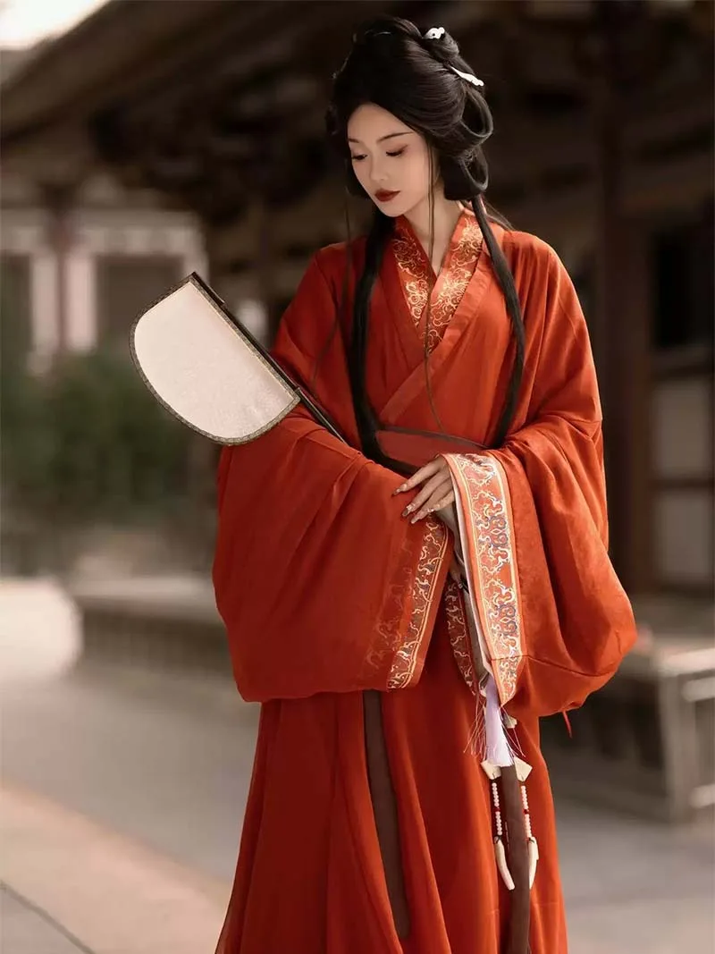 Warring States Hanfu red robe for women, authentic restoration with cross-collar straight hem and voluminous silhouette inspired by Chu culture