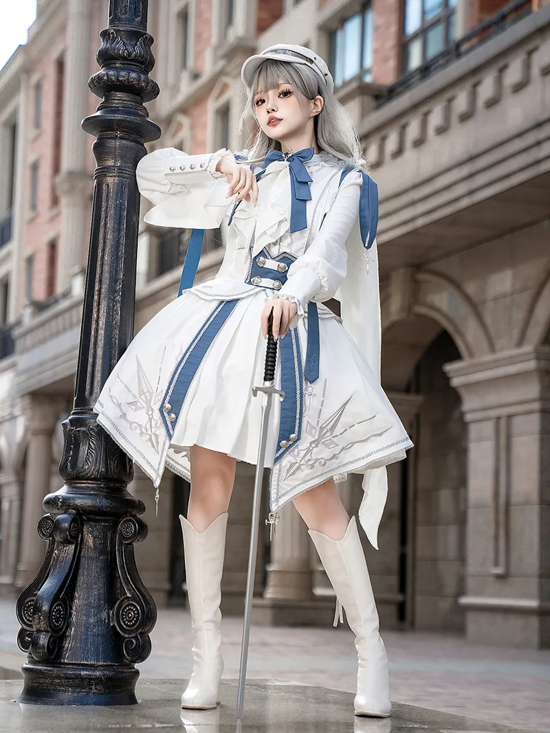 White Lolita dress with knight military punk style shirt and SK skirt set