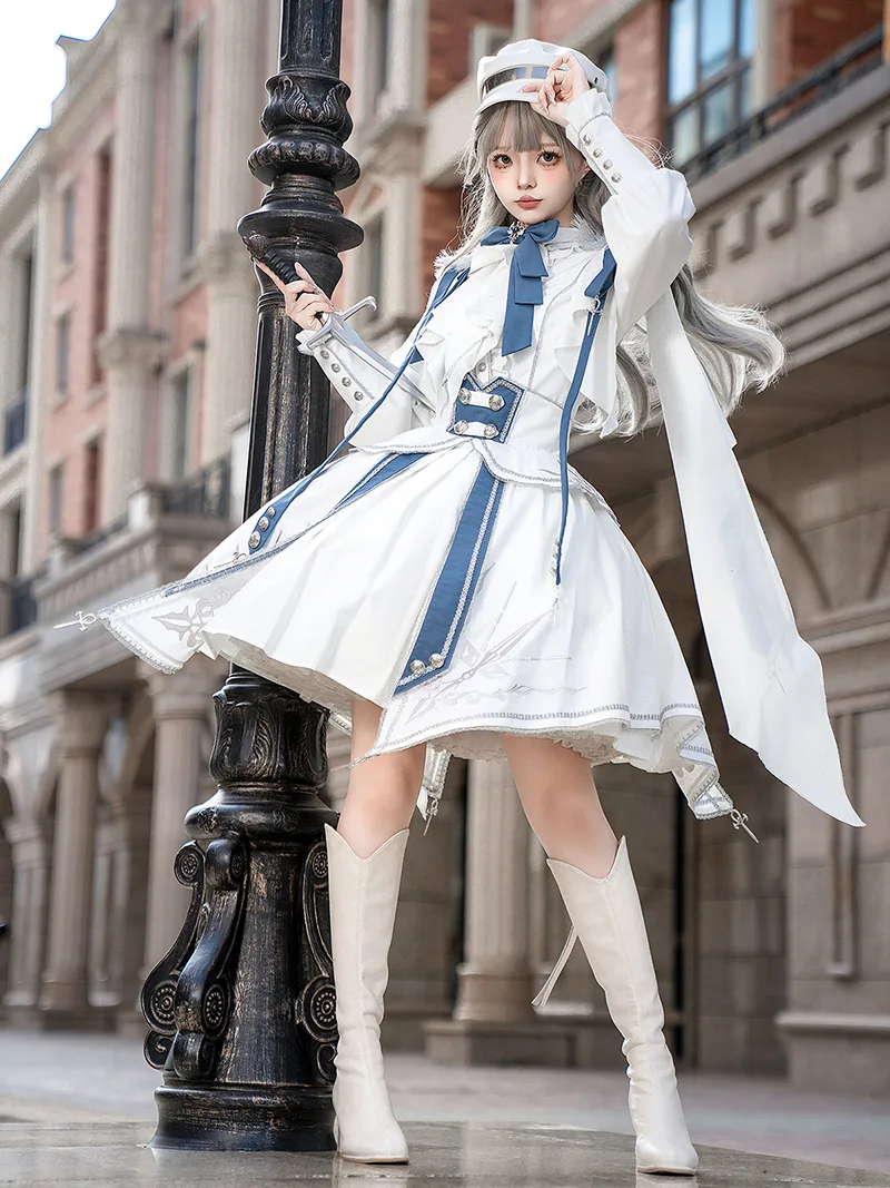 White Lolita dress with knight military punk style shirt and SK skirt set