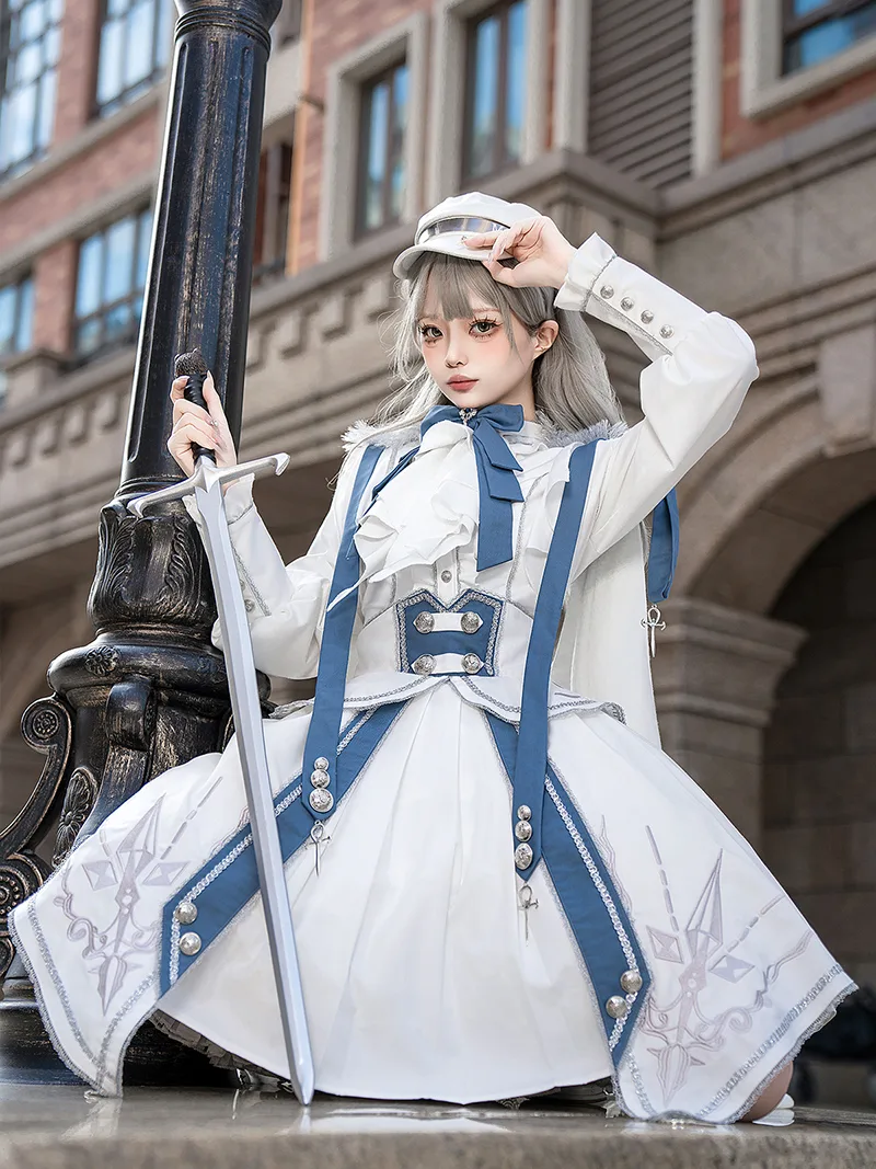 White Lolita dress with knight military punk style shirt and SK skirt set