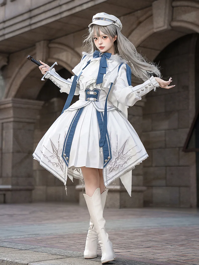 White Lolita dress with knight military punk style shirt and SK skirt set