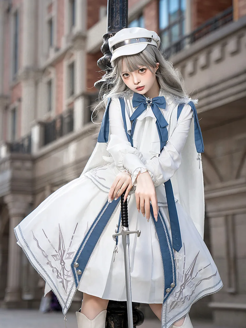 White Lolita dress with knight military punk style shirt and SK skirt set