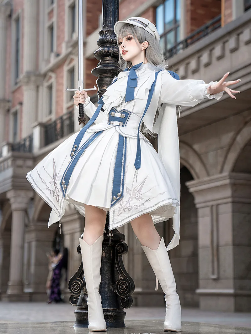 White Lolita dress with knight military punk style shirt and SK skirt set