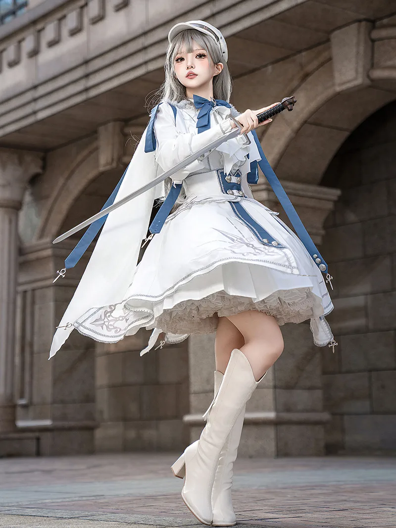 White Lolita dress with knight military punk style shirt and SK skirt set