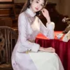 Winter Cheongsam in soft pink with thickened fabric, long sleeves and classic Chinese inspired design for petite women