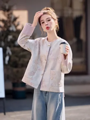 Chinese Tang Suit Jacket for women with jacquard fabric, traditional pankou buttons, modern Chinese style, elegant design