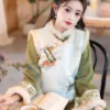 Green winter qipao with thickened fleece lining and modern vest set for warm and elegant seasonal wear