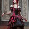 My Lolita Dress gothic black and red jacquard off-shoulder palace gown with lace brooch for elegant Christmas fashion