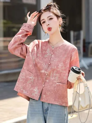 Pink Tang suit jacket with elegant embroidery and modern Chinese design for stylish women