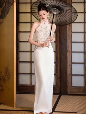 Formal dress for women featuring modern Chinese qipao halter neckline and luxury embroidery