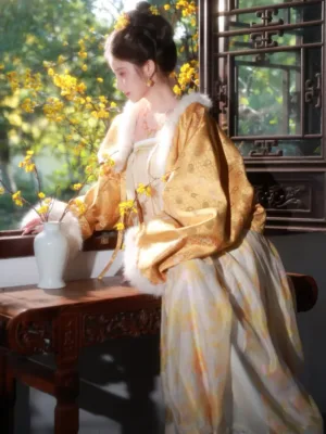 Hanfu clothes featuring Tang-style chest-high winter dress with plush lining