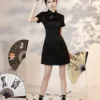 Black Short Cheongsam with mandarin collar and modern cropped waist design
