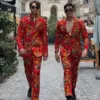 Large Floral Red Suit Set for men with bold floral pattern and slim fit design