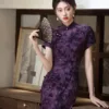 Purple Cheongsam with flocked texture and elegant modern Chinese design