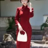 Chinese red dress qipao with elegant jacquard fabric and slim fit design