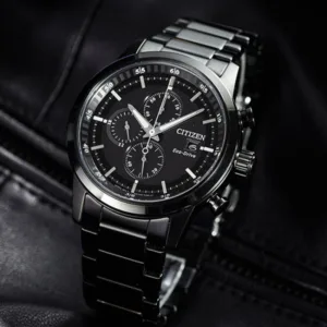 Solar Powered Watch for men with black stainless steel band and waterproof sports design
