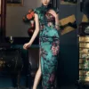 Mulberry silk, floral pattern, High-end, Green Qipao dress