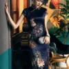 Aslin Fashion Qipao-19 mome mulberry silk , Floral pattern, High-end long Qipao